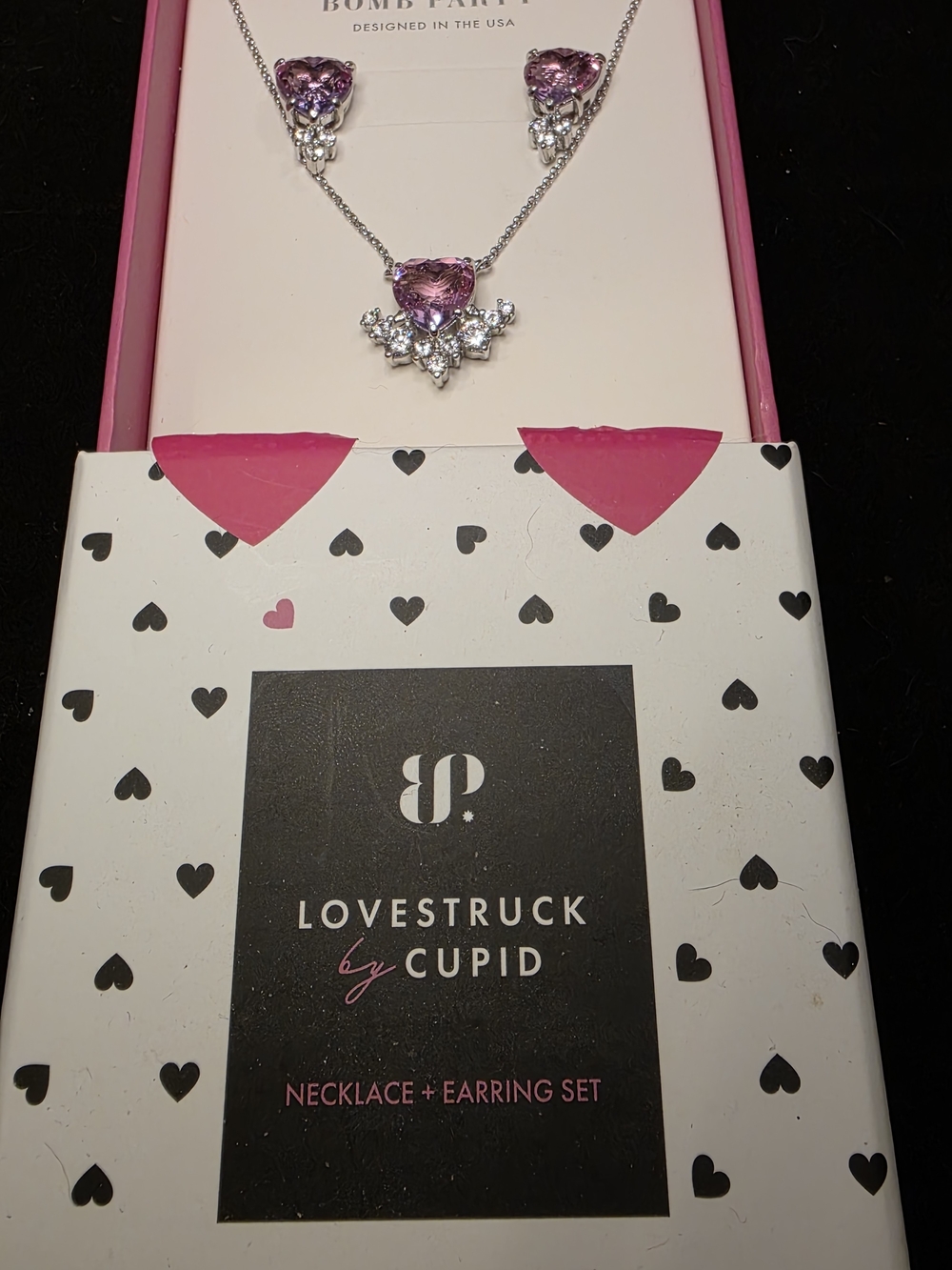 Lovestruck by Cupid Pink Heart Necklace and Earring Set